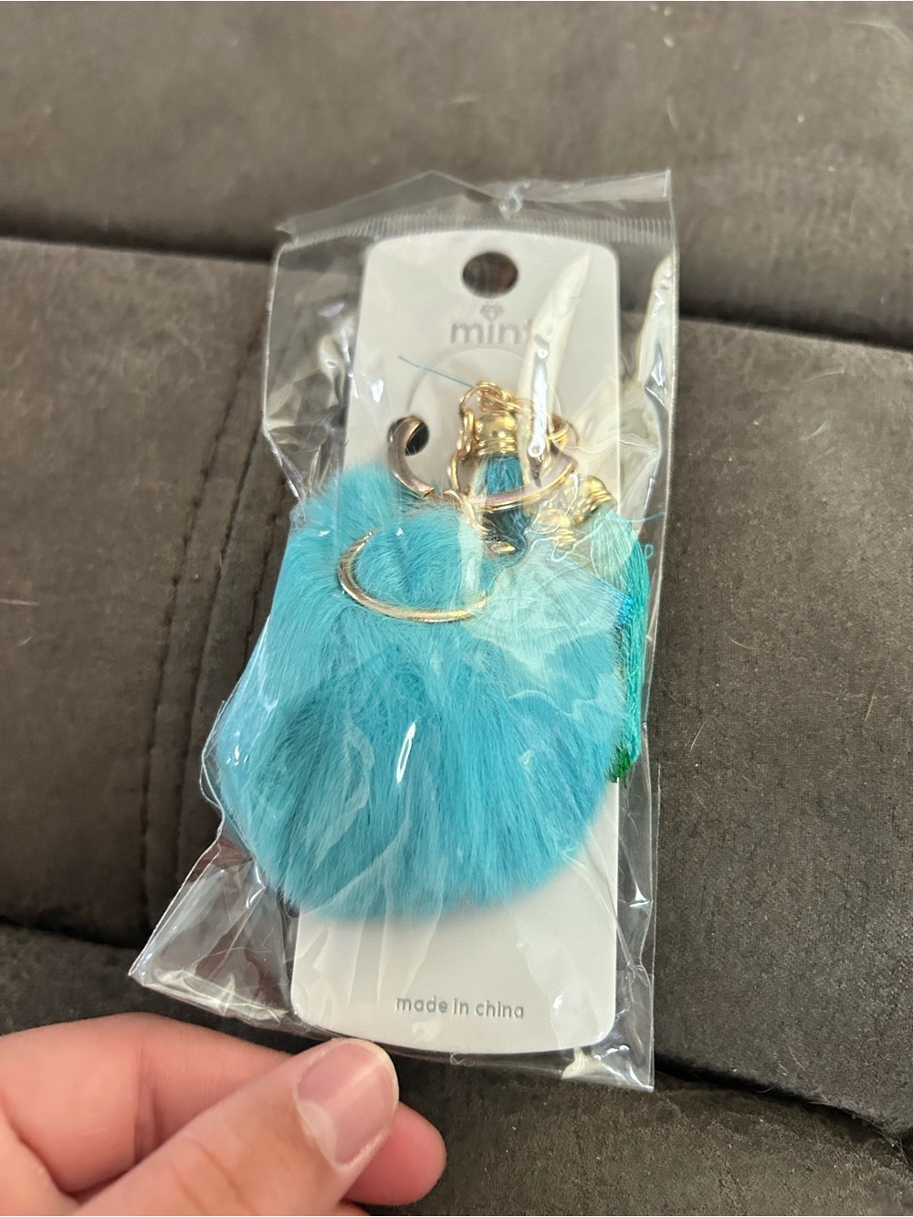 4/$50 Mint Bright Turquoise Faux Fur Pom Keychain with Gold Hardware